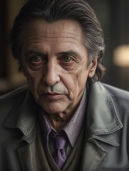 (Al Pacino as The Joker) ,epic, realistic, faded, neutral colors, ((((hdr)))), ((((muted colors)))), intricate scene, artstation, hyperdetailed, cinematic shot, warm lights, dramatic light, intricate details, vignette, complex background, [[teal and orange]], slate gray atmosphere, perfect lighting, perfect shading, (photorealistic:1.6), (((purple jacket))), ,