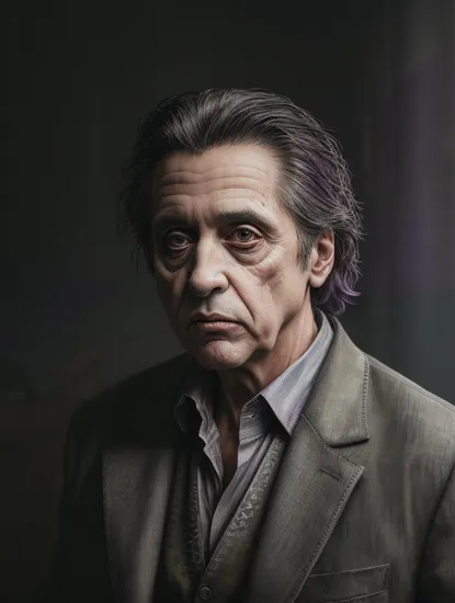 (Al Pacino as The Joker) ,epic, realistic, faded, neutral colors, ((((hdr)))), ((((muted colors)))), intricate scene, artstation, hyperdetailed, cinematic shot, warm lights, dramatic light, intricate details, vignette, complex background, [[teal and orange]], slate gray atmosphere, perfect lighting, perfect shading, (photorealistic:1.6), (((purple jacket))), ,