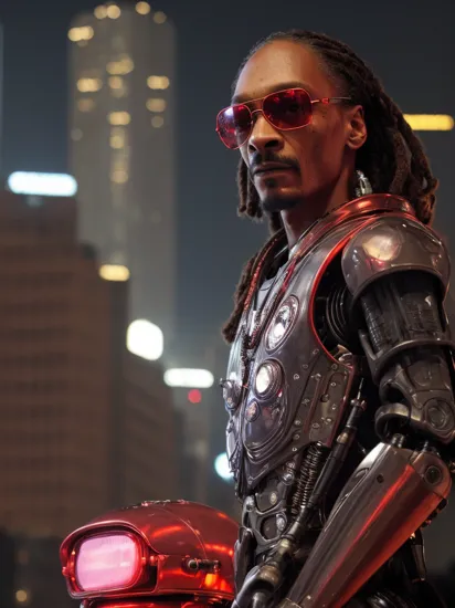a photo snoop dogg as a t-100 terminator robot chassis from the neck down, glowing red, he's wearing cool illuminated shades, smokey cyberpunk city in background