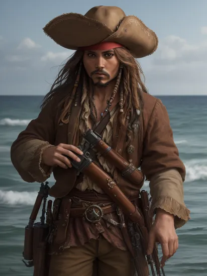 masterpiece, (photorealistic:1.5), best quality, beautiful lighting, real life, jack sparrow, solo, long hair, brown hair, long sleeves, 1boy, hat, weapon, male focus, outdoors, gun, facial hair, ocean, rope, rifle, beard, watercraft , intricate, high detail, sharp focus, dramatic, beautiful girl , (RAW photo, 8k uhd, film grain), caustics, subsurface scattering, reflections,  ,   