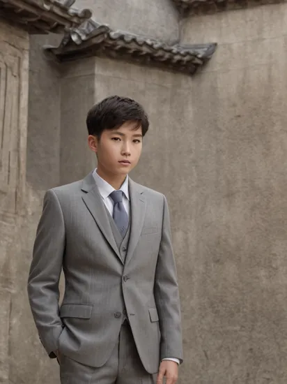 best quality, ultra high res, (photorealistic:1.4),(Grey suit:1.2),masterpiece, blurry background,1boy,Ancient Chinese architectural background,standing,  (looking at viewer), 