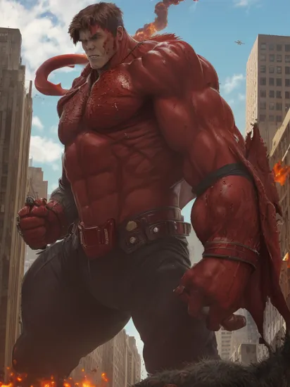 (super size Spawn and Red Hulk),high resolution,HD,very realistic,bloody,explosion,city,street,aircraft,man focus, solo, huge cape,(look at viewer), prefect metal armor,((solo:1.8)),Christopher Hemsworth.