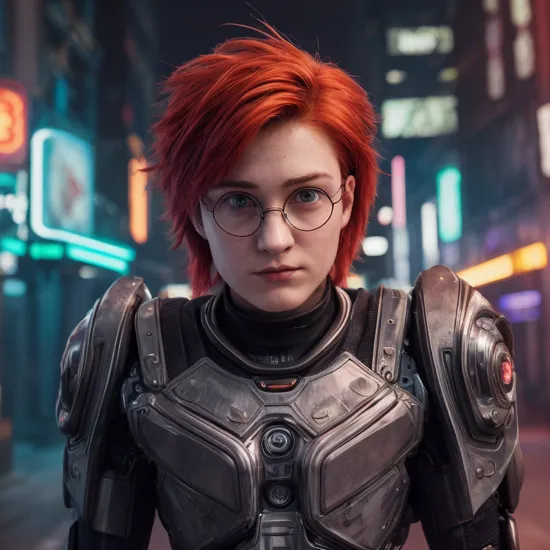 Harry Potter dressed in a Robotic suit in a cyberpunk city, ultra detailed illustration, red punk hair, neon lights, cyberpunk, cyborg cloth, vaporwave, vibes, vibrant, stunningly beautiful, crisp, sleek, ultramodern, red highlights, dark purple shadows, high contrast, cinematic, intricate, professional, bokeh background, dramatic composition, professional photo, dramatic lighting, gloomy