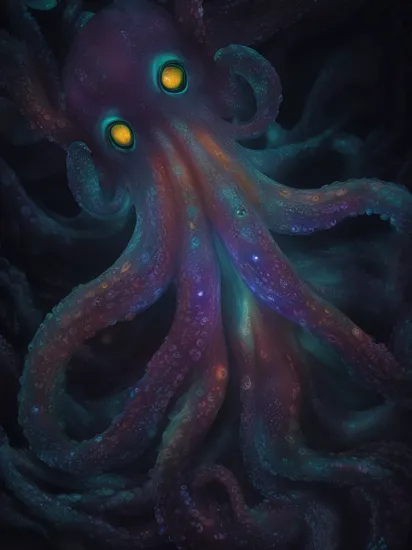 ,christmassweater,Highly detailed, Bioluminescent octopus in the deep dark ocean, hyperrealistic, close up, macro photography, portrait, dynamic lighting, 8K render, full frame, extremely detailed, zoom in, perfect resolution, muted realistic rainbow pastel gradients, warm colours, iridescent tendrils, arms reaching into foreground