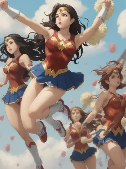 Anime artwork. Wonder Woman as a Cheerleader,  lifting pompoms into the air,  jumping excitedly with friends, StdGBRedmAF,  Studio Ghibli, 
Negative prompt: Bad art,  ugly,  text,  watermark,  duplicated,  deformed
Steps: 30, Sampler: DPM++ 2M Karras, CFG scale: 7.0, Seed: 3646141142, Size: 832x1216, Model: sd_xl_base_1.0: 3e70778307a7", Version: v1.6.0.75-beta-4-4-gb3d76ba, TaskID: 659084554304450455