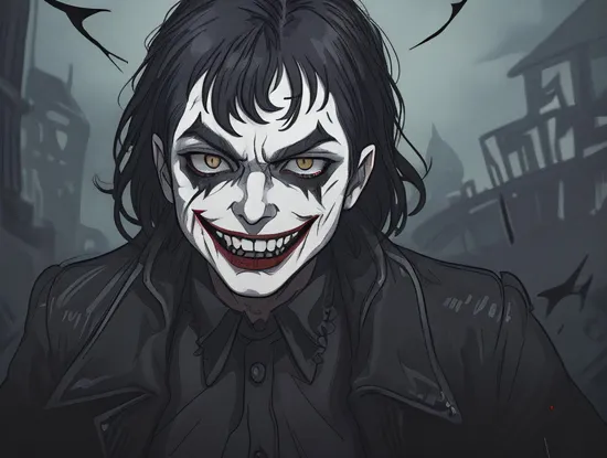 Dark Fantasy Art of   
The Joker in a black costume with yellow eyes and vampire fangs teeth and bloody lips sin city style, dark, moody, dark fantasy style