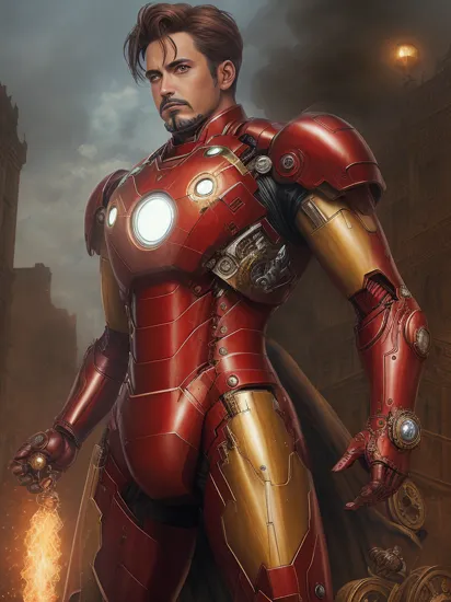 vintage retro Steampunk-style photo of Iron Man, adorned with intricate brass gears and cogs, wearing a polished copper suit with steam vents, in a heroic pose, against a backdrop of a Victorian cityscape