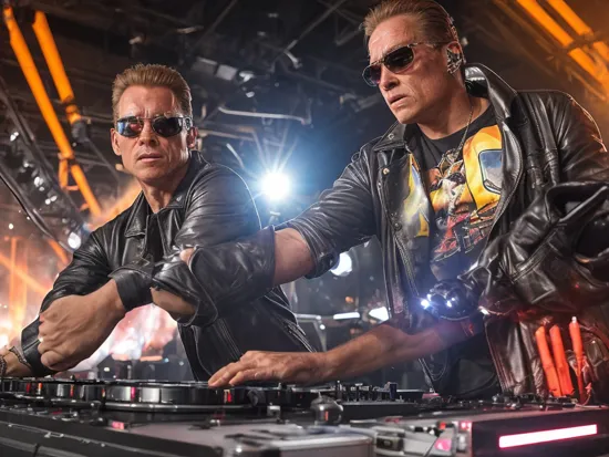 terminator as dj, at a techno concert, realistic, highly detailed