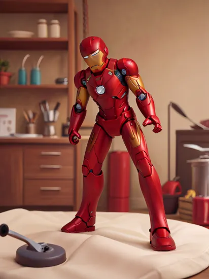 Stopmotion, tilt-shift of Iron Man ironing his shirt, holding steaming hot iron