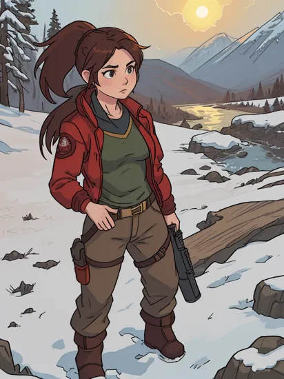 hdr, lara croft, ponytail, looking at viewer, serious, standing, full body shot,  
wearing red puffer jacket,black beanie, brown pants, holster, snow boots, 
outside,mountain, snow, blizzard, sunny,intense ambiance, natural lighting, extremely detailed,