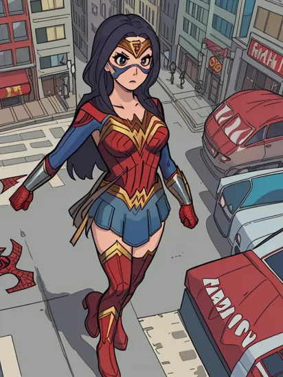 ((wonder woman in Spiderman costume, very detailed costume, Spiderman mask)), wide hips, very long hair, city street, pedestrians and cars in the background
