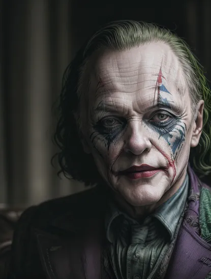 (Movie Still) from The Batman, (extremely intricate:1.3), (realistic), (Anthony Hopkins:1.2) as the Joker, (the Joker's makeup on his face:1.5)