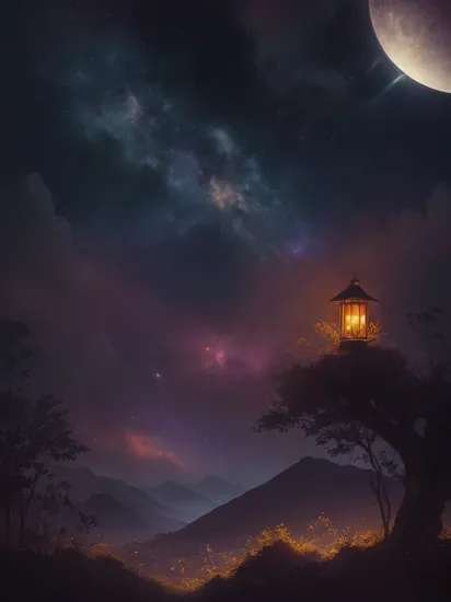 illustration, cartoon, soothing tones, calm colors, extensive landscape photography, (bottom view showing sky above and open field below), (full moon:1.2), (shooting stars:0.9), (nebula:1.3), distant mountain, tree BREAK production art, (warm light source:1.2), (Firefly:1.2), lamp, lots of purple and orange, complex details, volumetric lighting, realism BREAK (masterpiece:1.2), (best quality), 4k, ultra-detailed, (dynamic composition:1.4), highly detailed , colorful details, (rainbow colors:1.2), (glowing lighting, atmospheric lighting), dreamy, magical, (solo: 1.2), (natural skin texture, hyperrealism, soft light, sharp), (pascal campion:0.38), vivid colors, (painting art:0.06), [eclectic:clear:0.8]