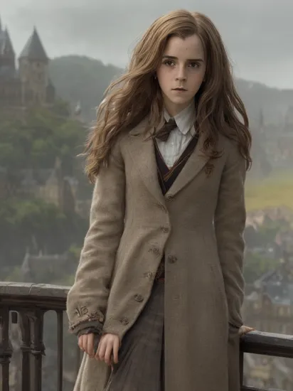 [[Hermione Granger]] (portrayed by Emma Watson: 1.4), bushy brown hair and brown eyes, long hair, harry potter movies style, ((detailed facial features)), (((full body))), hogwarts on background, ((((cinematic look)))), soothing tones,intricate scene, insane details, intricate details, hyperdetailed, low contrast, soft cinematic light, dim colors, exposure blend, hdr, faded, slate atmosphere, Studio Ghibli, ArtStation, CGSociety, Intricate, High Detail, Sharp focus, painting art by Jakub Rozalski and Greg Rutkowski