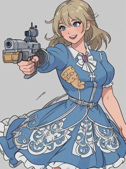  aiming at viewer, handgun, holding pistol,cowboy shot  cinderellaodd, blue dress, blonde hair, laughing,, (masterpiece, best quality,highres, perfect hands), masterpiece,best quality,ultra-detailed,very detailed illustrations,extremely detailed,intricate details,highres,super complex details,extremely detailed 8k cg wallpaper