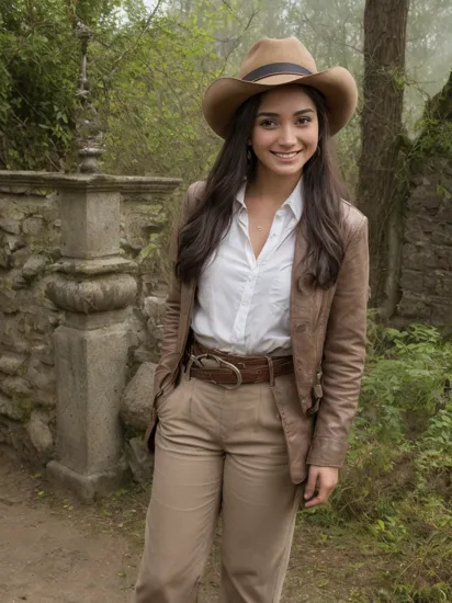 (masterpiece, best quality, detailed), 1girl, solo, looking at viewer, aabb, long hair, hair ornament, hairband, hair ribbon, purple ribbon, star earrings, dark skin, tan,
fedora, brown headwear, brown pants, black belt, cowboy hat, brown jacket, leather jacket, indiana jones, white shirt, satchel, ruins, overgrown, rubble, pillar, outdoors, building, light rays, fog, contrapposto, grin, v-shaped eyebrows