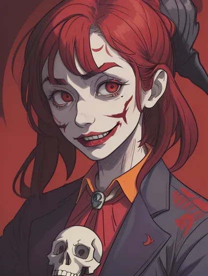 A hyper-realistic art skull joker demon concept art portrait by Casey Weldon, Olga Kvasha, and Miho Hirano. The portrait depicts a demonic joker with a skull for a face, wearing a red and black suit with a top hat. The background is a deep color, fantastical, and intricate detail. The portrait is a triadic color scheme with complementary colors. The resolution is 8k, and the details are photographic, realism pushed to extreme, fine texture, and incredibly lifelike. The portrait is a masterpiece on DeviantArt.