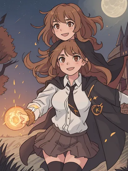masterpiece, best quality, best resolution, highly detailed, hermione granger, large breasts, topless, braless, nipples, perfect anatomy, fantasy, determined, power, flames, intense, wet, sweaty,
hogwarts background, huge castle, night sky, night, outdoors, moon, clouds, wind, trees, lake,
hogwarts school uniform, black cardigan, black cloak, black thighhighs, cloak, clothes lift, dress shirt, glowing, gryffindor, hair strand, holding wand, white shirt, open shirt, sparkle, striped necktie, sweater, thighhighs, thighs,
extrovert personality, crazy smile, brown eyes, short hair, wavy hair, blond hair, small waist, muscle skin, arms behind the back,