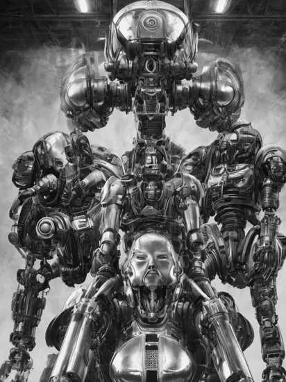 award winning studio photo, (classic propaganda in favor of black metal terminator robots) in black and white, vector style
complex stuff around her, (by Brothers Hildebrandt), by Ali Erturk,  high detail, hyper realistic, natural light,