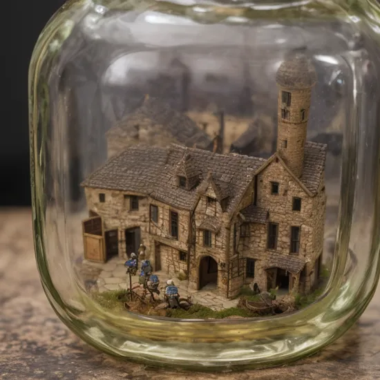 a medieval town stuffed inside a Square glass jar with lid, put on the windowsill,
extremely detail, 8K, doomsday punk style, miniatures, close-up macro photography
