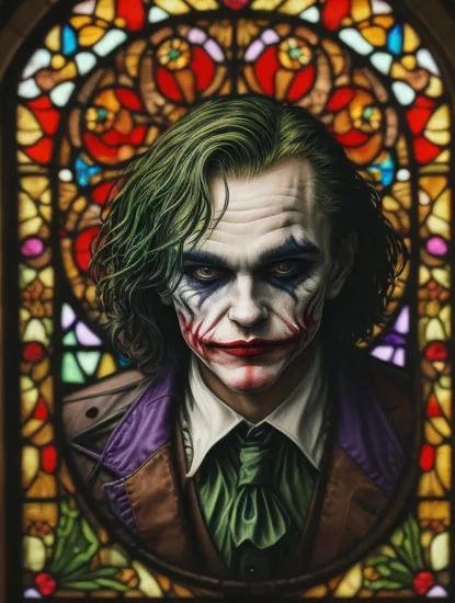 stained glass The Joker, bright colors, darkly romantic realism, nature-inspired art nouveau