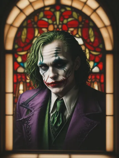 stained glass The Joker, bright colors, darkly romantic realism, nature-inspired art nouveau