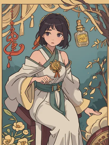 cinematic film still a ancient chinese girl wearing Hanfu and holding a porcelain bottle of perfume. she is surrounded by Saffron, Jasmine, Fir and Amberwood. a  golden label BREAK is printed on the middle of perfume bottle. huge copy space on top of the image, negative space. full shot from shoulder level, shallow depth of field, vignette, highly detailed, high budget Hollywood movie, bokeh, cinemascope, moody 