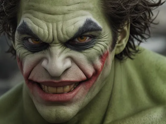 Closeup photo portrait of Joker as Hulk, frontal view, atmospheric scene, masterpiece, best quality, (detailed beautiful face, detail skin texture, ultra-detailed body:1.1), epic character composition, sharp focus, natural lighting, subsurface scattering, f2, 35mm, film grain,