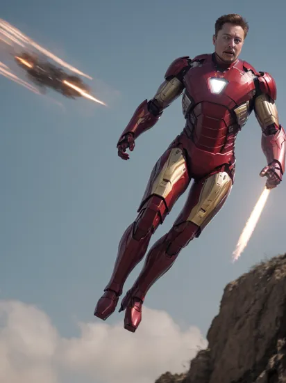 Elon Musk transforms into a powerful Iron Man-like figure, soaring through the sky with his new suit. His determined and exhilarated expression captivates all as he races against a rocket in mid-flight., cinematic shot + dynamic composition, incredibly detailed, sharpen, details + intricate detail + professional lighting, film lighting + 35mm + anamorphic + lightroom + cinematography + bokeh + lens flare + film grain + HDR10 + 8K + Roger Deakins, ((cinematic))