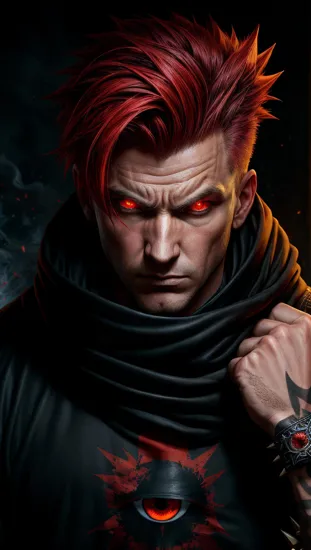 Enigmatic rogue Donald Trump, ((intense red eyes)), ((red spiky hair)), shrouded in shadows, a hand covering half the face, with mysterious tattoos visible, ((ominous energy patterns)), suggesting hidden depths and untold power, a character shrouded in mystery and allure.