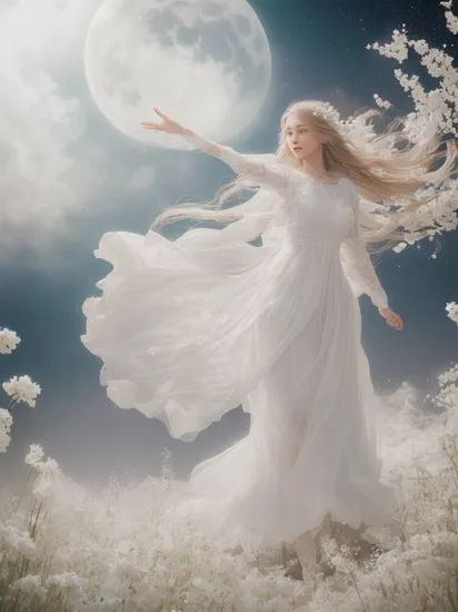 (analog photo:1.2),((dynamic pose:1.2),(dynamic camera),(art retouch),fantasy style, On the moon full of White flowers, an young woman with long lace dress, long hair,walking happily on the flowers moon, looking to camera, The background is the space background, and Earth, stars, and other planets can be seen flying ribbons,design, lighting, photography, cute, realistic, ultra realistic, real photography, photorealistic, Photo taken on a Mamiya ARZ67 with Portra 400 film, aperture 4, shutter speed 125  stardust   , concept art,, (natural colors, correct white balance, color correction, dehaze,clarity), (composition centering, conceptual photography)),(midnight hour, high quality, film grain), (natural colors, correct white balance, color correction, dehaze,clarity)