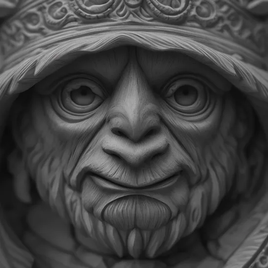 ([Macro Photography:Marble Sculpture:.3]:1.1),and intricate Bugbear Chief, made of parallel strand lumber,Flickering light, BREAK intricate details,vivid,intricate,Depth of field 270mm,greyscale