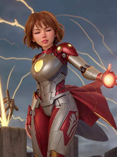 (intricate details), (hdr), (intricate details), (hyperdetailed), (natural skin texture), (hyperrealism), (soft light), (sharp), (octane render), (detailed background), (100mm photography) ((Beautiful female super hero)), wearing a thick armored suit, short hair, ((Iron man suit and glowing arc reactor)), standing on a rooftop in the pouring rain, surrounded by flashing lightning and thunder. The winds howl and the elements rage around her, making her seem both powerful and vulnerable at the same time, on eye level, looking at viewer, ((lips closed)),  [:0.7]