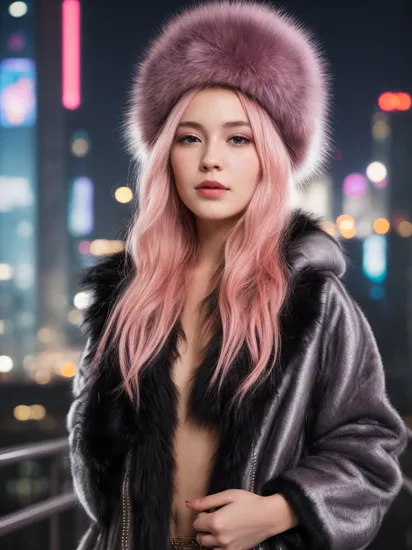 portrait photography, pink fur coat, black fur hat, at night, cyberpunk city, masterpiece, high quality, soft colors, bokeh, (high detailed skin:1.1)
  luv