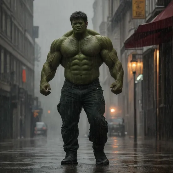 hulk, brooding, solitary figure, clenched jaw, imposing presence, streets, night, rain-soaked atmosphere, intricate details, masterpiece, absurdres, best quality 