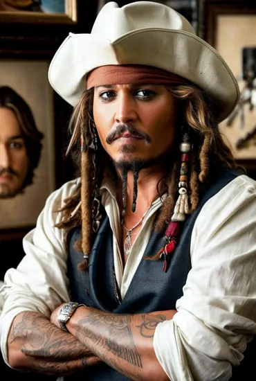 Johnny Depp, Artisan @JohnnyDepp, crossed arms, confident stance, white long-sleeve shirt, hat, tattoos on display, surrounded by creative tools and framed artworks, workshop setting, soft, diffused lighting, captures a creative professional in their element, mid-distance, straight-on angle.