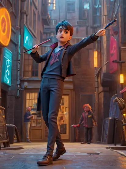 Harry Potter, Daniel Radcliffe, Holding wand, (cyberpunk style:1.2), Neon Lights, (futuristic hair), (Daytime:1.2), cinematic film still, film grain, action movie, (cybernetic arm:1.2), posing, shallow depth of field, ultra detailed, cinemascope, moody, epic, gorgeous