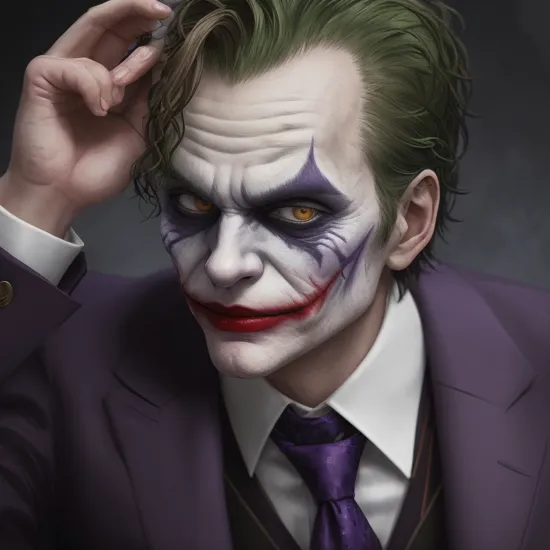 Hyperrealistic art of  
The Joker in manga style with a purple suit and tie in Gotham city universe, Extremely high-resolution details, photographic, realism pushed to extreme, fine texture, incredibly lifelike
