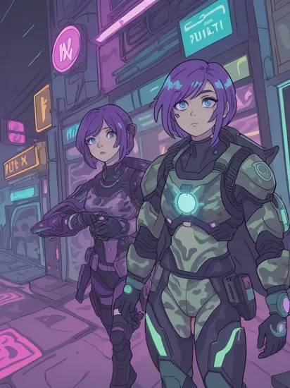 neonpunk style Two people, (bright glowing tattoos hologram Cortana) and ((military camouflage colored cyborg Master Chief)), colorful cyberpunk city, cyberpunk, cyberpunk art style, glowing multicolored neon lights, raining, (lightning), cinematic scene, detailed background, masterpiece, best quality, high quality, highres, absurdres, 16k resolution    . cyberpunk, vaporwave, neon, vibes, vibrant, stunningly beautiful, crisp, detailed, sleek, ultramodern, magenta highlights, dark purple shadows, high contrast, cinematic, ultra detailed, intricate, professional