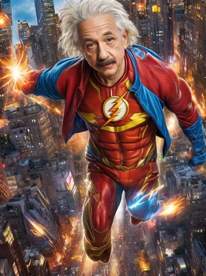 Albert Einstein as the flash , superhero, hyper detailed,  colorful, action pose, Detailed city background