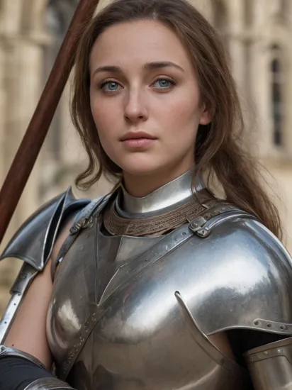 candid (close up) of a beautiful woman, nice face, stunning eyes, (as joan of arc), in medieval body armor, 8k, candid, masterpiece