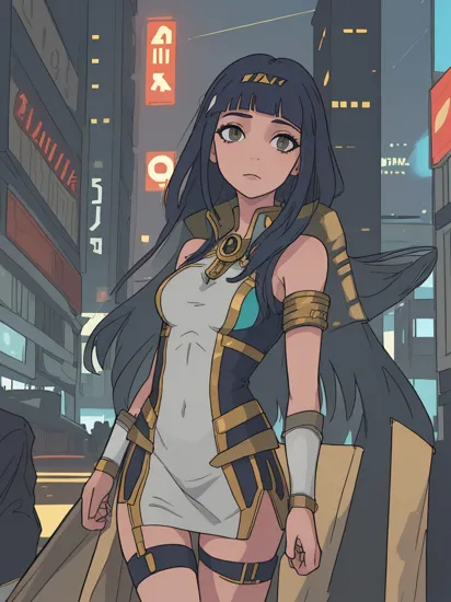 Highest Quality, photo of (Cyberpunk Cleopatra:1.1), perfect face, confident expression, (cyber wear), (wearing elegant white sheath short dress), athletic body, small breasts, (highly detailed skin), olive skin tone, supple skin pores, fine details, Cyberpunk city of city of Alexandria in background, at night, futuristic Pyramid in background, reflections, ambient light, (lens flare:0.6), (bloom:0.5), (cinematic lighting:1.1),

Photographed on a Hasselblad 500 CM, 80mm f/2.8 lens, with (Cinestill 800T color negative 35mm film:1.2), film-like, (film grain:1.1), 8k, HDR, shallow depth of field, sharp focus, medium format, front view, (full body:0.9)