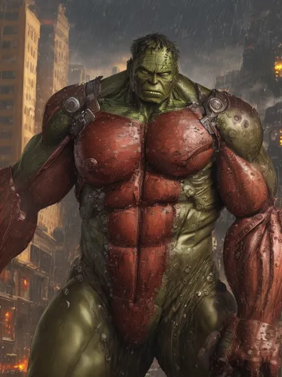 (super huge size Hulk and Spawn),high resolution,HD,very realistic,bloody,explosion,city,street,aircraft,man focus, solo,(look at viewer), prefect metal armor,((solo:1.8)),(human skin color:1.89), in snow and rain.