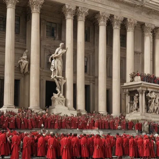 a painting of a crowd of people in front of a building, shutterstock, neoclassicism, statue of julius caesar, ted nasmith and marc simonetti, 1 8 3 4, celebrating a king being crowned, cinématique”, podium, jean-joseph benjamin-constant, triumph, demolition, red robes, martinière, astonishing detail