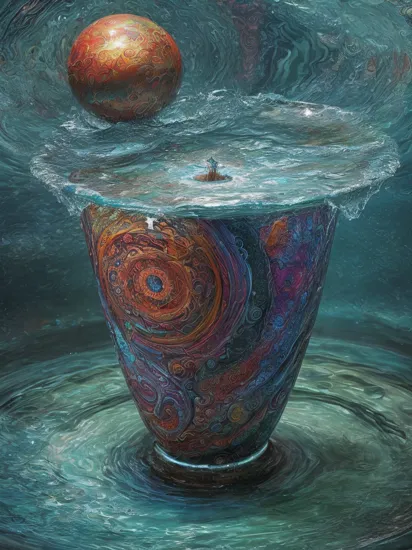 Psychedelic style (Digital Artwork:1.3) of (Ultrarealistic:1.3)  a large vase with water coming out of it, water art manipulation, surreal photo, surreal water art, alexander jansson style, surreal art, surreal photography, inspired by Alexander Jansson, surrealist photography, surrealist conceptual art, surreal composition, surreal scene, surrealistic digital artwork, surreal tears from the moon, tom chambers photography, water manipulation photoshop ,CGSociety,ArtStation . Vibrant colors, swirling patterns, abstract forms, surreal, trippy