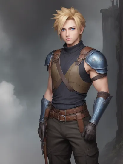 male face, male, (looking at viewer:1.0), ((masterpiece:1.4, best quality)), (full-body shot:1.6). forest,
detailed eyes, detailed face, (standing:1.2), (blue eyes:1.2), (highlight in eyes:1.2), 
  cloud strife, shoulder armor, sleeveless turtleneck, suspenders, belt, baggy pants, gloves, bracer, boots,  male focus, 
   hexagon,
