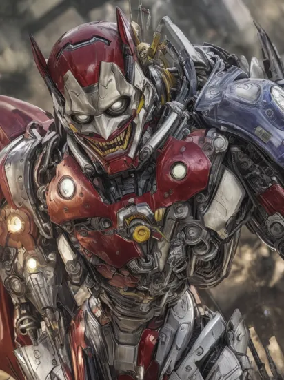(best quality: 1.2), (masterpiece: 1.2), (realistic: 1.2), (detailed), 1man, an hybrid of the joker and ironman, mecha musume,  (masterpiece: 1.2), absurdres, HDR