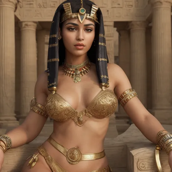 ((best quality)), ((masterpiece)), (detailed), photorealistic, ultra high res, intricate, hyper detailed, (indentation), cute, feminine, ( beautiful), (full shot:1.1) portrait of a (beautiful egyptian women mixed:1.2),((uncrowned Cleopatra posing her entire body:1.4)),( background is Egyptian pyramids:1.2), Egyptian setting, 8k uhd, dslr, soft lighting, high quality, (sleeveless top:1.2), (micro-bikini:1.2), ((uncrowned:1.4)), Cleopatra, a vision of timeless beauty, showcased her youthful allure in a captivating and daring ensemble. The young queen adorned her slender, supple form in a two-piece, golden string micro-bikini that left little to the imagination. The top piece, a shimmering gold fabric, barely contained her feminine curves, and was intricately woven with fine threads that glinted seductively in the light. Precious stones, like sapphires, rubies, and emeralds, were embedded into the fabric, creating an irresistible dance of color that drew the eye to her alluring figure. The matching bikini bottom, equally as revealing, clung to the mesmerizing curve of her hips, accentuating her slender waist. A jeweled belt comprised of gold chains and an assortment of precious stones hung around her hips, complementing the vibrant colors of the bikini. The belt's centerpiece, a magnificent emerald the size of a dove's egg, rested at her navel, attracting attention to her breathtaking form. Cleopatra's smooth, golden skin glowed with an ethereal radiance, the result of fragrant oils and exotic lotions that imparted a sensual scent. Her bare arms were embellished with intricately designed golden armbands that coiled around her biceps and wrists like serpents. Each armband showcased a unique pattern, adding to her mysterious aura. Delicate fingers were adorned with rings of gold and precious stones, reflecting light with each graceful gesture. Her raven-black hair cascaded over her shoulders in a sea of lustrous waves and framing her face like a celestial halo. Cleopatra's face was a harmonious blend of softness and strength, with a smooth and flawless complexion that seemed to glow in the sun's gentle embrace. Almond-shaped, obsidian eyes were framed by thick, dark lashes that cast shadows upon her high cheekbones, their intensity entrancing and captivating. A straight, regal nose and sculpted cheekbones lent her countenance an air of refinement and authority, while full, crimson lips conveyed both invitation and challenge. This breathtaking vision of Cleopatra, radiant and bold in her revealing, golden micro-bikini, captured the essence of her legendary beauty and power, leaving no doubt that she was a queen to be both revered and desired. cgi, raytracing, depth of field, backlit, rim lighting, dramatic lighting, ambient occlusion, volumetric lighting, professional studio lighting, closed mouth, insanely detailed, absurdres, UHD, ultra realistic detailed intricate concept art station photorealistic sharp focus ray tracing 8k, beautiful face, solo,