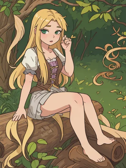  rapunzel masturbating, sitting on log, long blonde hair, large hazel green eyes   hand in panties