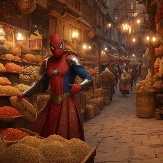 ottoman medieval arabic embroidered armored spider man buying spices, background  medieval istanbul grand bazaar ottoman, 3d , ultra relistic, hyper detailed, unreal engine 5, 8k